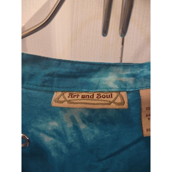 Art and Soul - Boho Tunic Large 3/4 Sleeve Tie-Die Turquoise/White Smocked Front - Picture 6 of 8